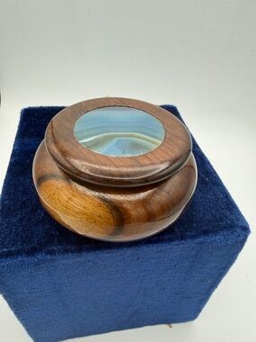 Handcrafted Brazilian Wood Jewelry Box w/ Blue Agate stone Inset lid  2x2.25”